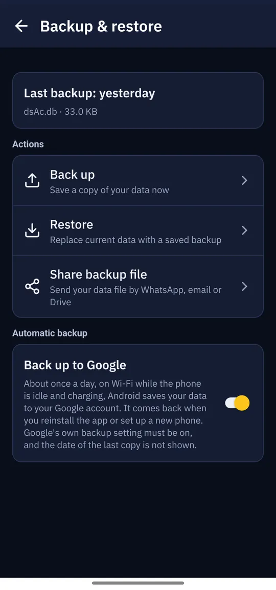 Backup and restore screen in dark theme with the Back up to Google switch