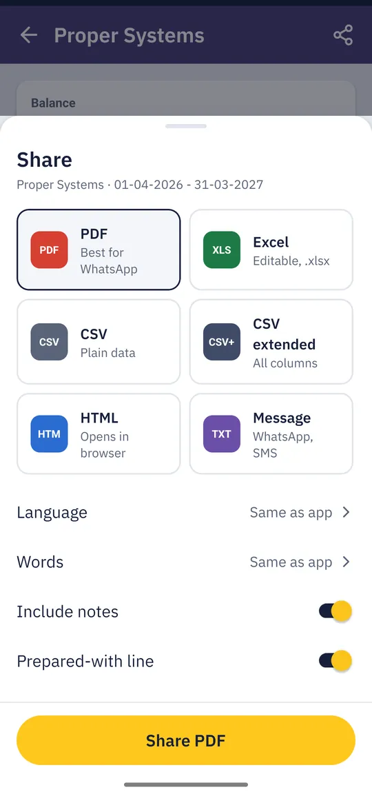 Share sheet with PDF, Excel, CSV, HTML and WhatsApp message options