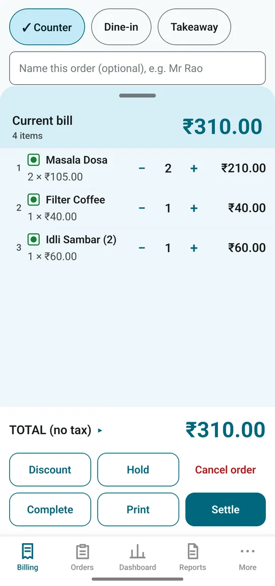 Current bill with quantities, total and Settle, Hold, Print buttons