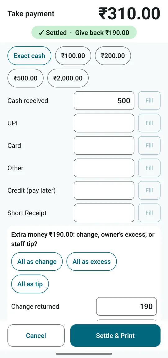 Take payment screen classifying extra cash as change, excess or tip