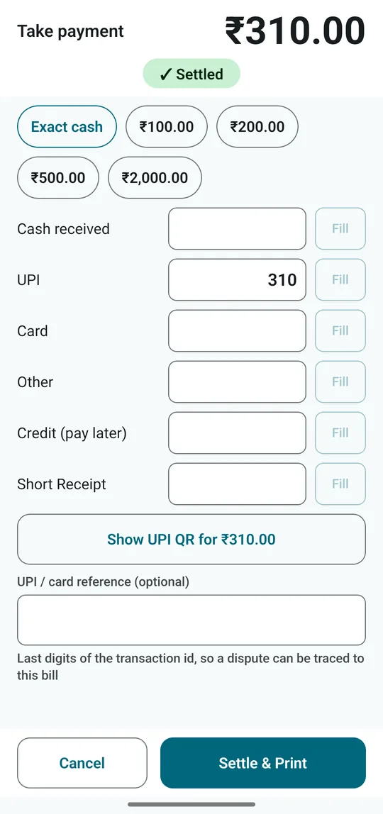 dsResto take-payment screen with a ₹310 bill paid by UPI