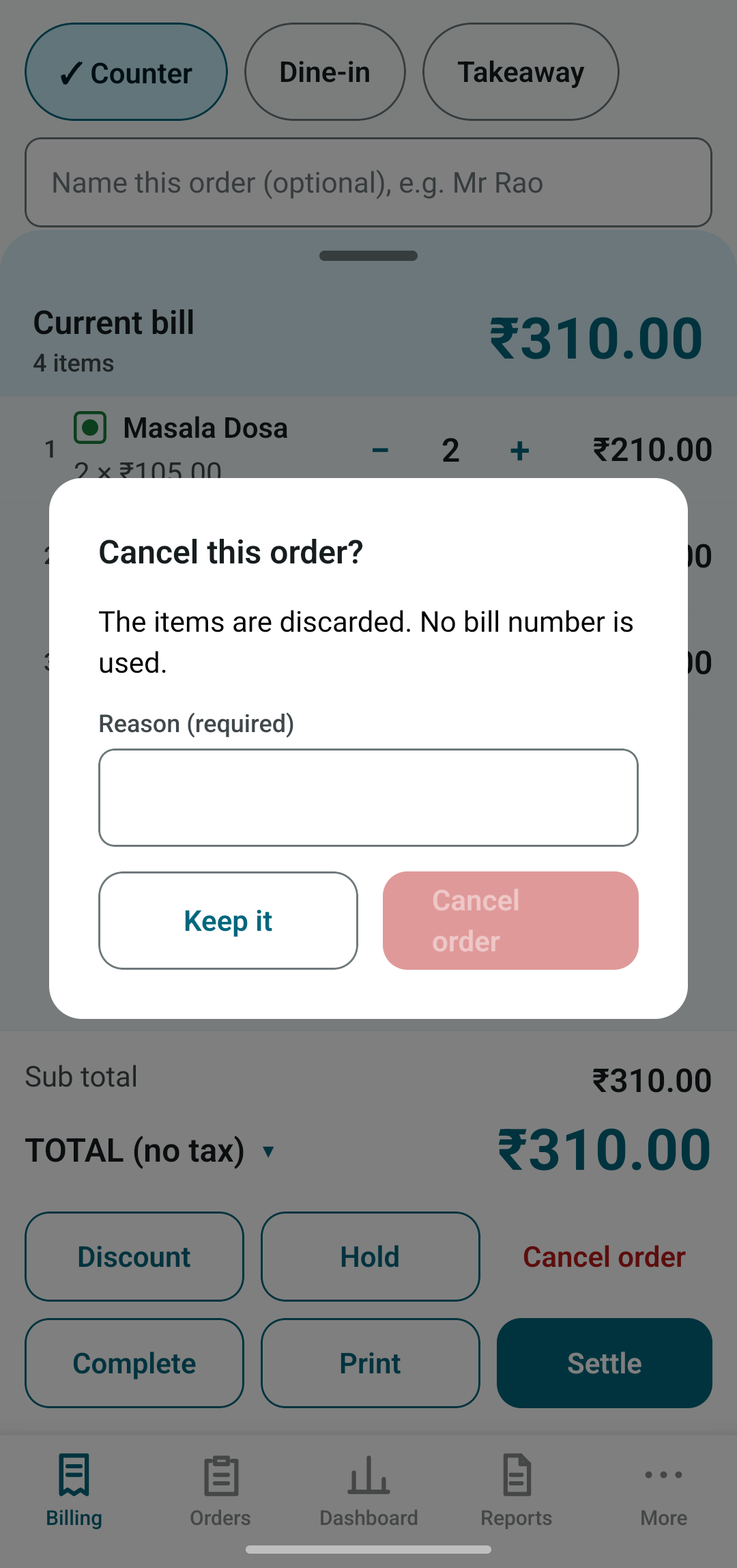 Cancel this order dialog