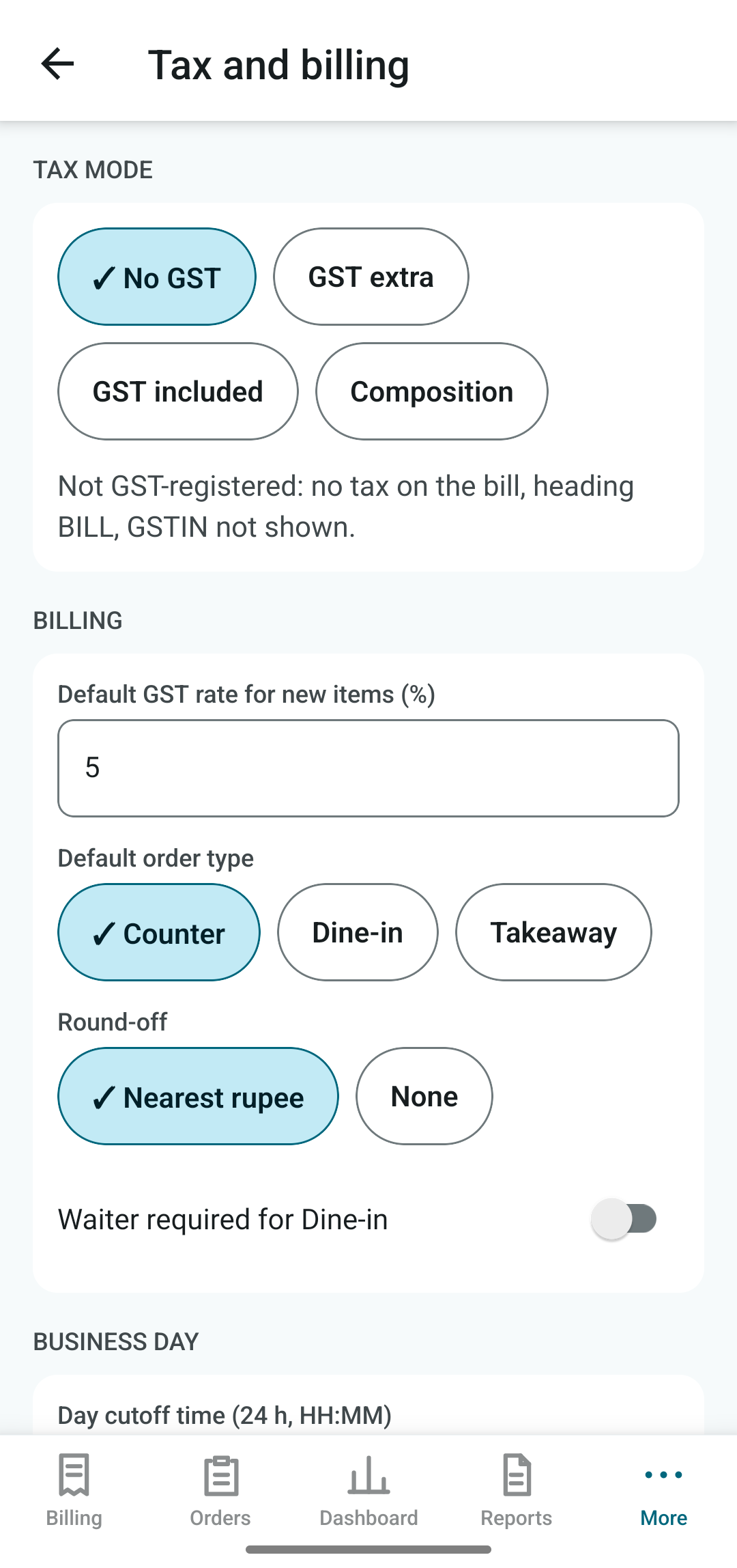 Tax and billing settings